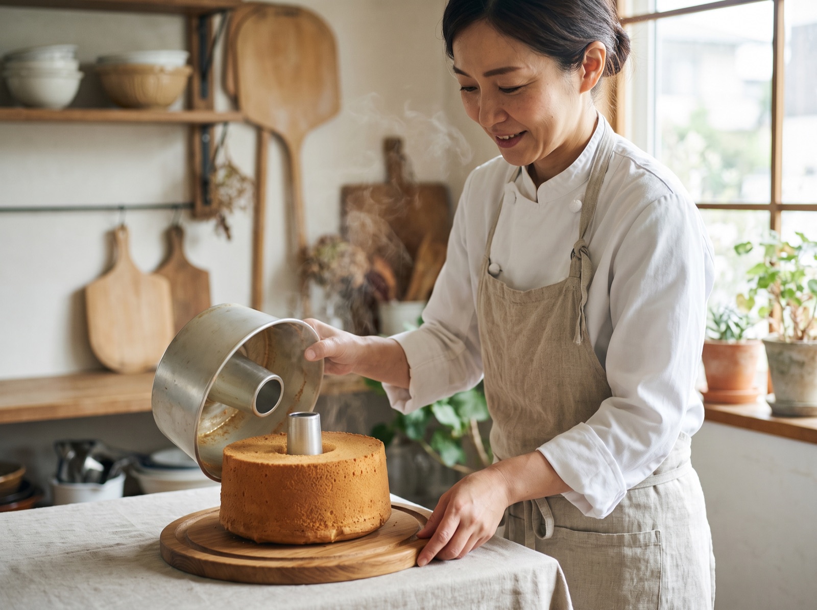 型から外したばかりの、飾り付けをしていないプレーンのグルテンフリーシフォンケーキ
