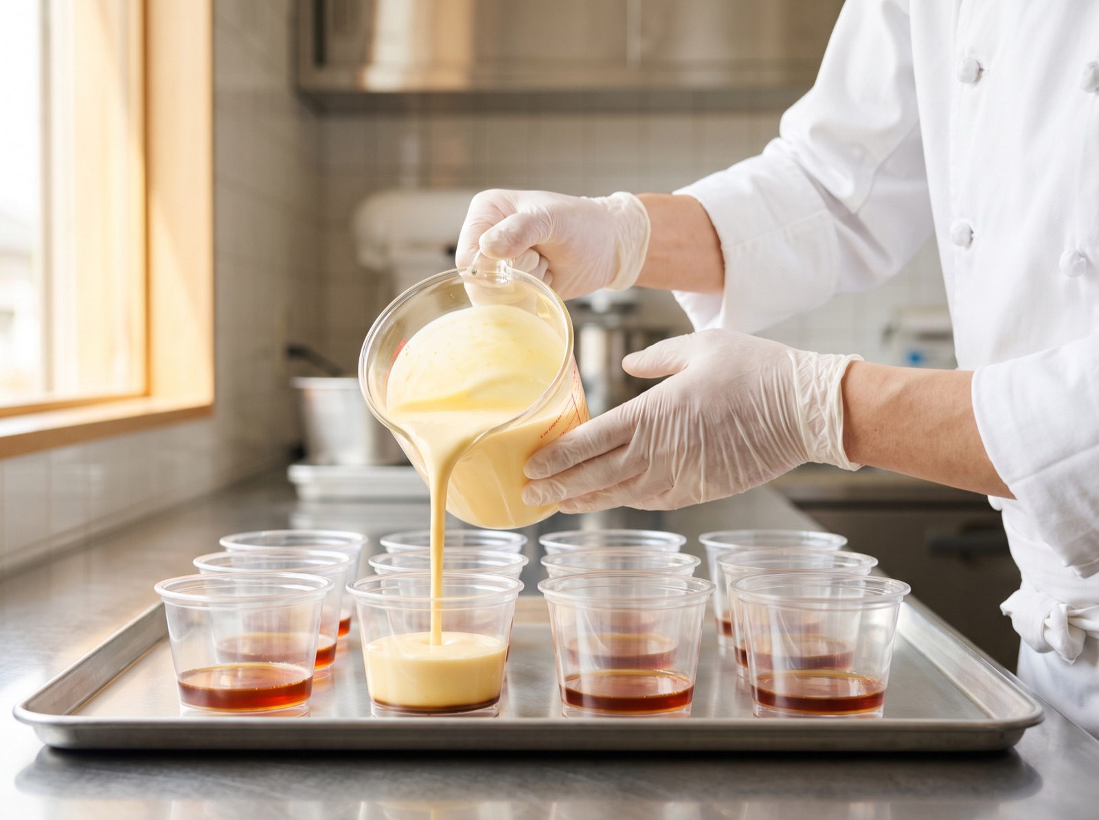 カラメルソースの上にプリン液を注ぐ様子
